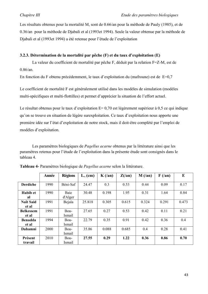 Contribution à l\'étude de l\'exploitation de pagellus acarne (Risso, 1826) de la baie de Bou- Ismail:
