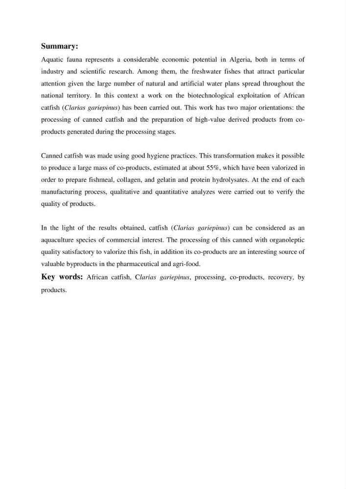 Fabrication des conserves alimentaires à partir du poisson chat africain Clarias gariepinus (Bruchell, 1822) et contribution à la valorisation des coproduits générés