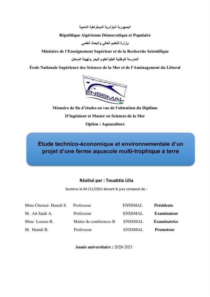 Etude technico-économique et environnementale d’un projet d’une ferme aquacole multi-trophique à terre