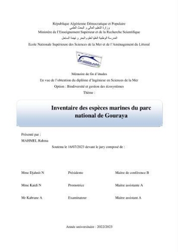 Inventaire des espèces marines du parc national de Gouraya Inventaire des espèces marines du parc national de Gouraya
