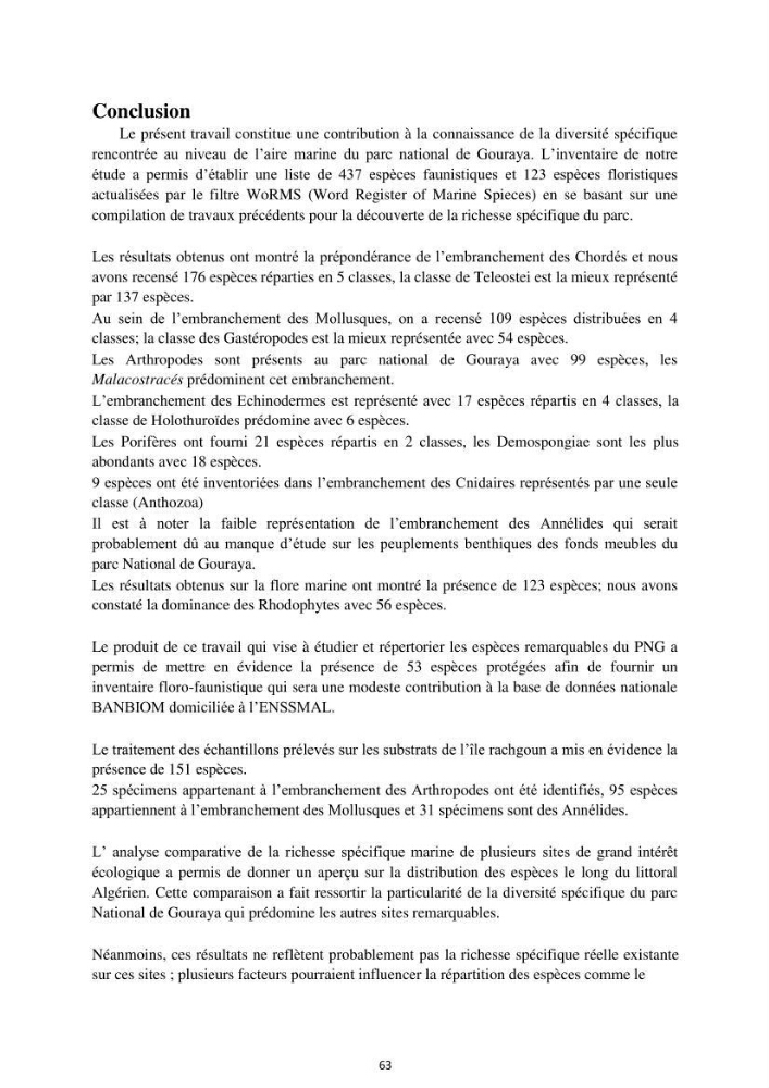 Inventaire des espèces marines du parc national de Gouraya