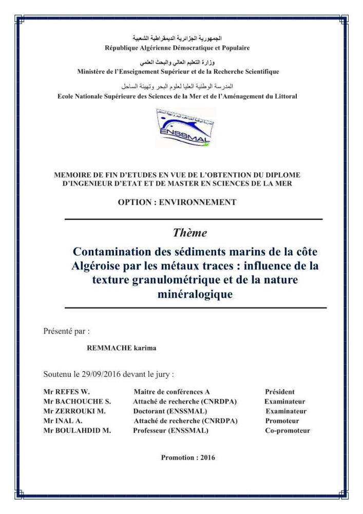Contamination des sédiments marins de la côte Algéroise par les métaux traces