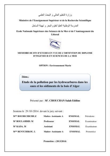 Etude de la pollution par les hydrocarbures dans les eaux et les sédiments de la baie d'Alger Etude de la pollution par les hydrocarbures dans les eaux et les sédiments de la baie d'Alger