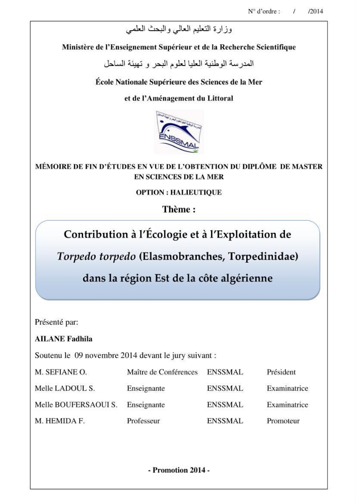 Contribution à l\'écologie et à l\'exploitation de Torpedo torpedo ( Elasmobranches, Torpedinidae) dans la région Est de la côte algérienne