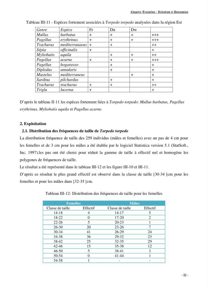Contribution à l\'écologie et à l\'exploitation de Torpedo torpedo ( Elasmobranches, Torpedinidae) dans la région Est de la côte algérienne