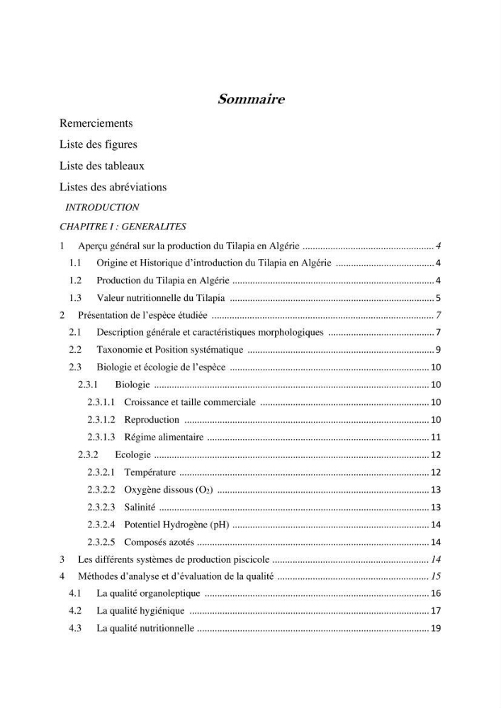Evaluation de la qualité Organoleptique, Hygiénique et Nutritionnelle du Tilapia (Oreochromis sp.) de deux fermes aquacoles.