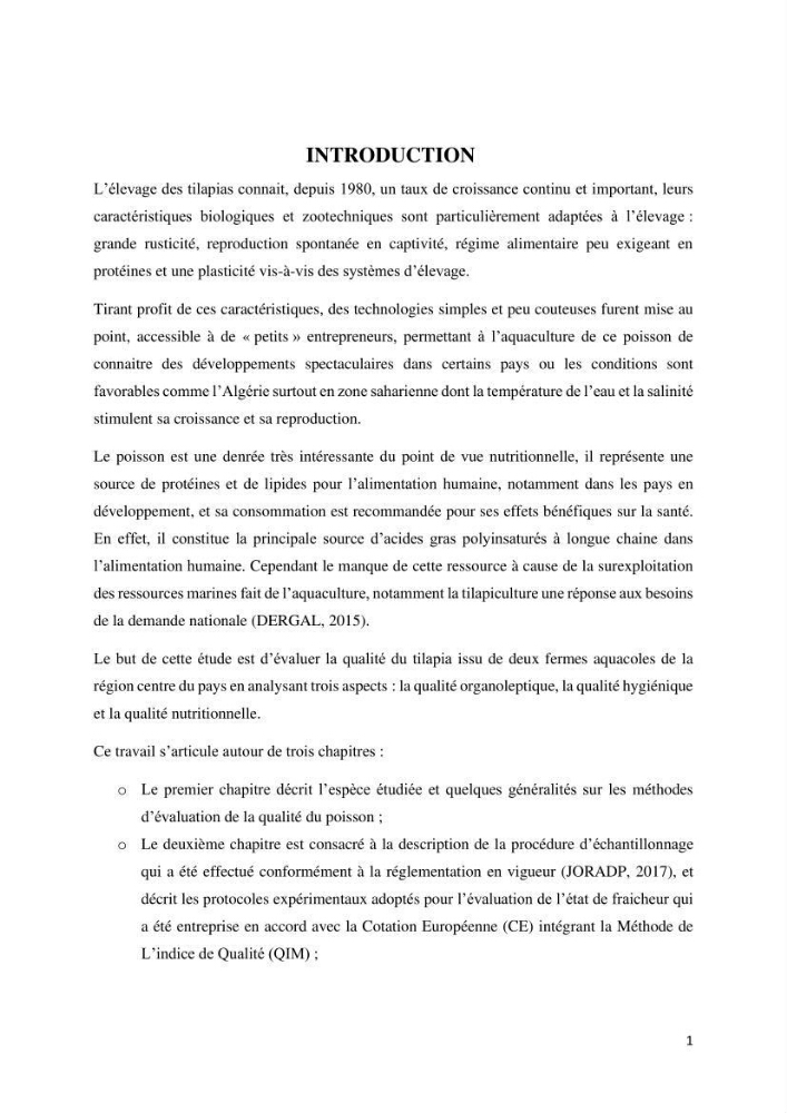 Evaluation de la qualité Organoleptique, Hygiénique et Nutritionnelle du Tilapia (Oreochromis sp.) de deux fermes aquacoles.