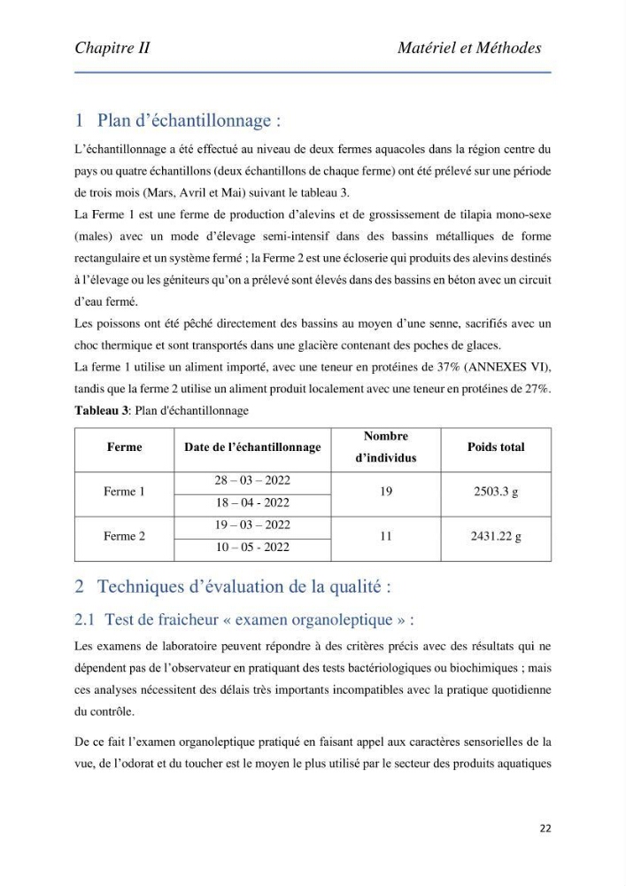 Evaluation de la qualité Organoleptique, Hygiénique et Nutritionnelle du Tilapia (Oreochromis sp.) de deux fermes aquacoles.