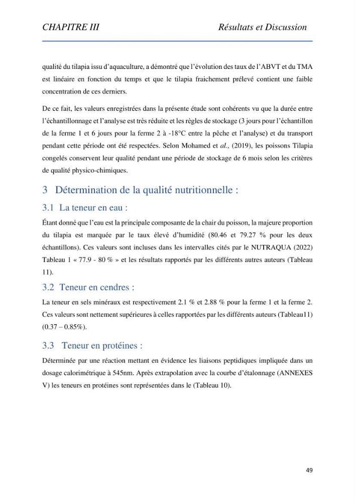 Evaluation de la qualité Organoleptique, Hygiénique et Nutritionnelle du Tilapia (Oreochromis sp.) de deux fermes aquacoles.