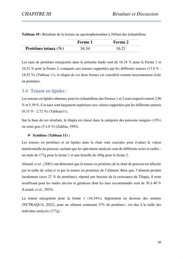 Evaluation de la qualité Organoleptique, Hygiénique et Nutritionnelle du Tilapia (Oreochromis sp.) de deux fermes aquacoles.