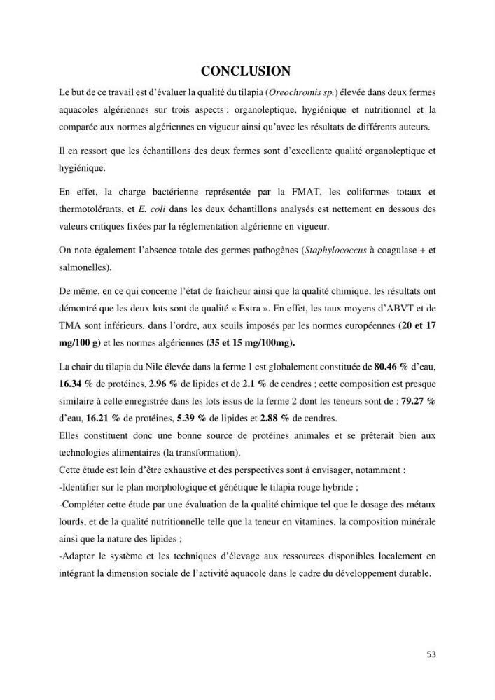 Evaluation de la qualité Organoleptique, Hygiénique et Nutritionnelle du Tilapia (Oreochromis sp.) de deux fermes aquacoles.