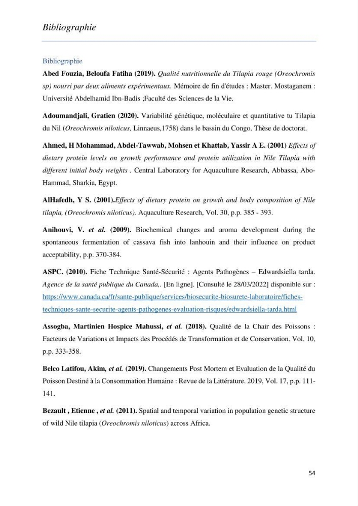 Evaluation de la qualité Organoleptique, Hygiénique et Nutritionnelle du Tilapia (Oreochromis sp.) de deux fermes aquacoles.
