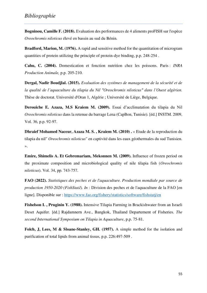 Evaluation de la qualité Organoleptique, Hygiénique et Nutritionnelle du Tilapia (Oreochromis sp.) de deux fermes aquacoles.