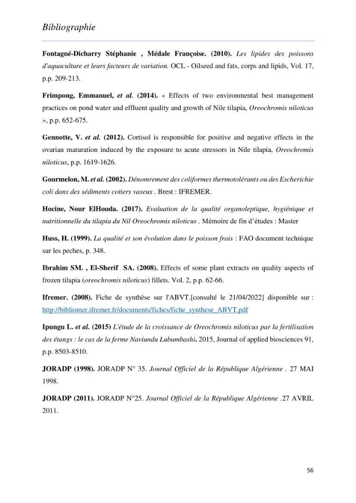 Evaluation de la qualité Organoleptique, Hygiénique et Nutritionnelle du Tilapia (Oreochromis sp.) de deux fermes aquacoles.