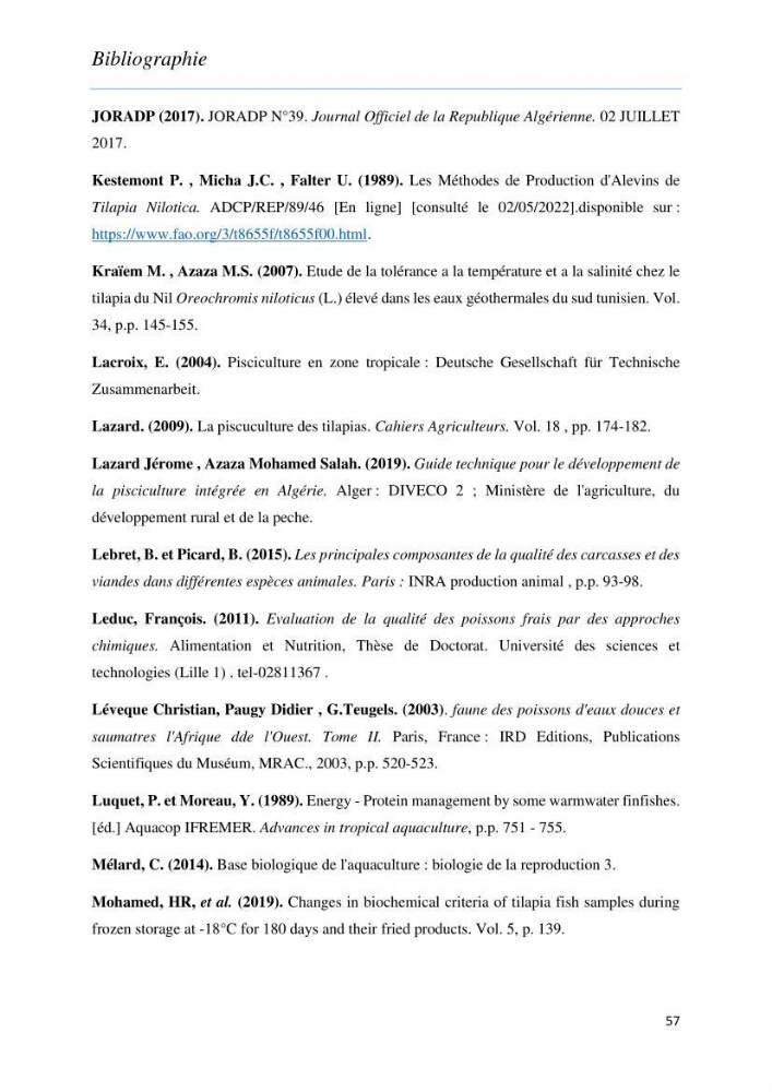 Evaluation de la qualité Organoleptique, Hygiénique et Nutritionnelle du Tilapia (Oreochromis sp.) de deux fermes aquacoles.