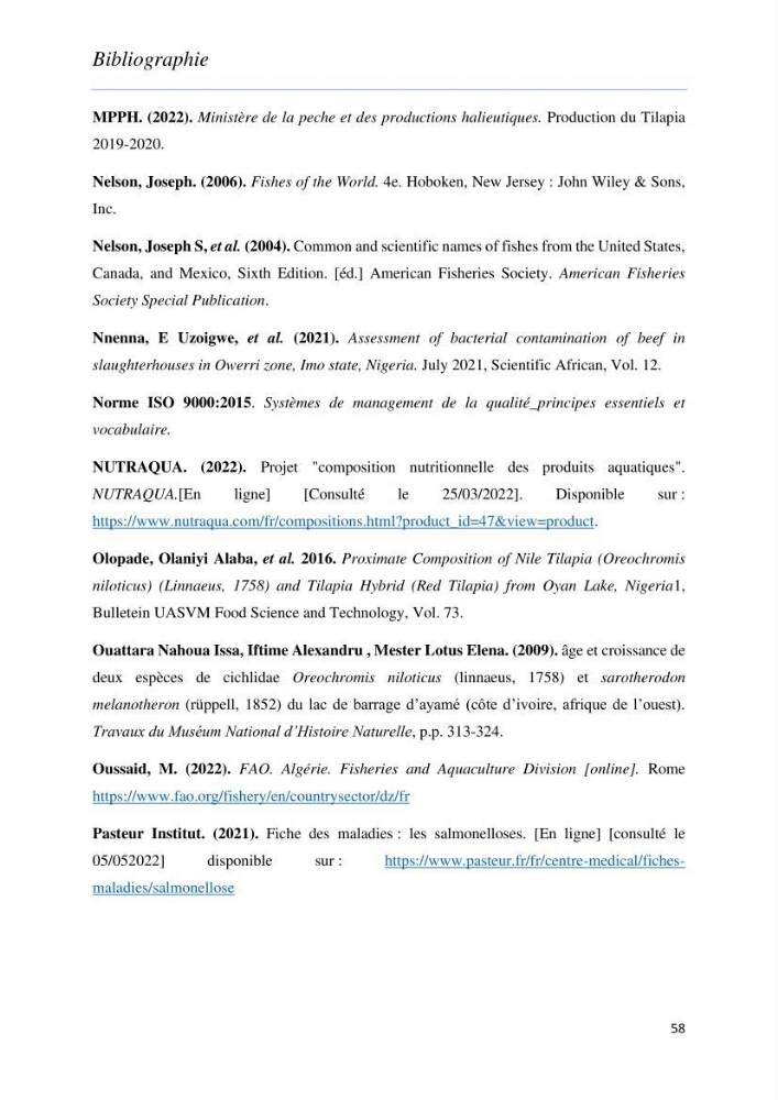 Evaluation de la qualité Organoleptique, Hygiénique et Nutritionnelle du Tilapia (Oreochromis sp.) de deux fermes aquacoles.