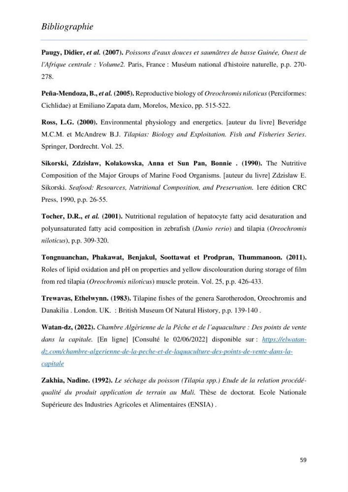 Evaluation de la qualité Organoleptique, Hygiénique et Nutritionnelle du Tilapia (Oreochromis sp.) de deux fermes aquacoles.