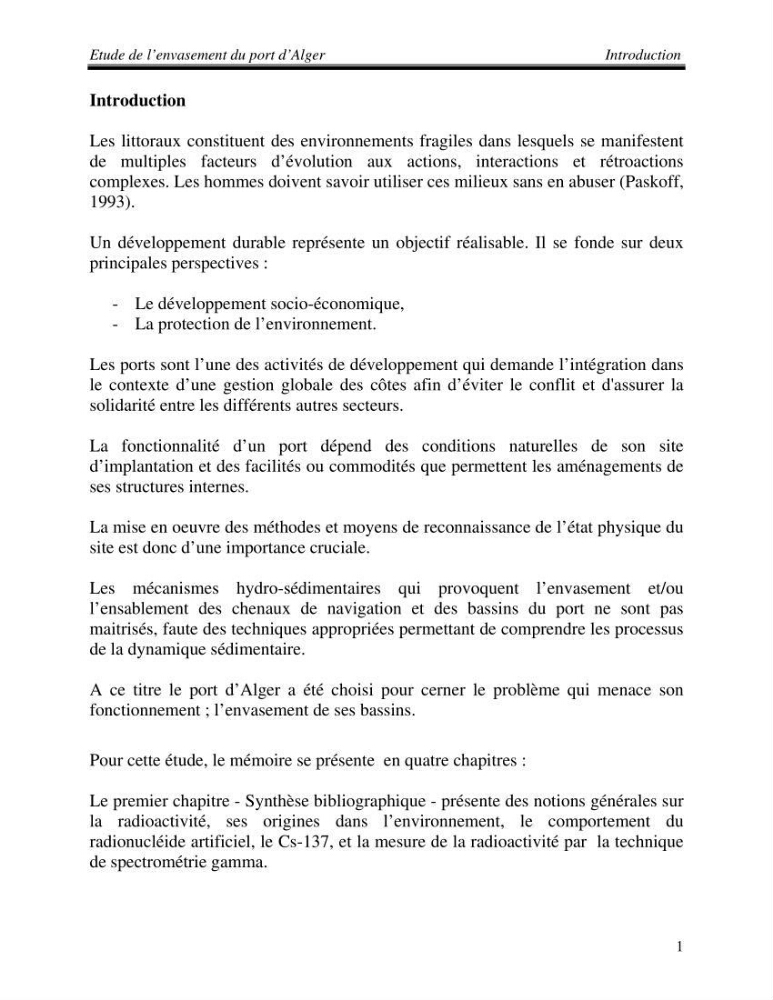 Etude de l\'envasement du port d\'Alger au moyen du Cs-137