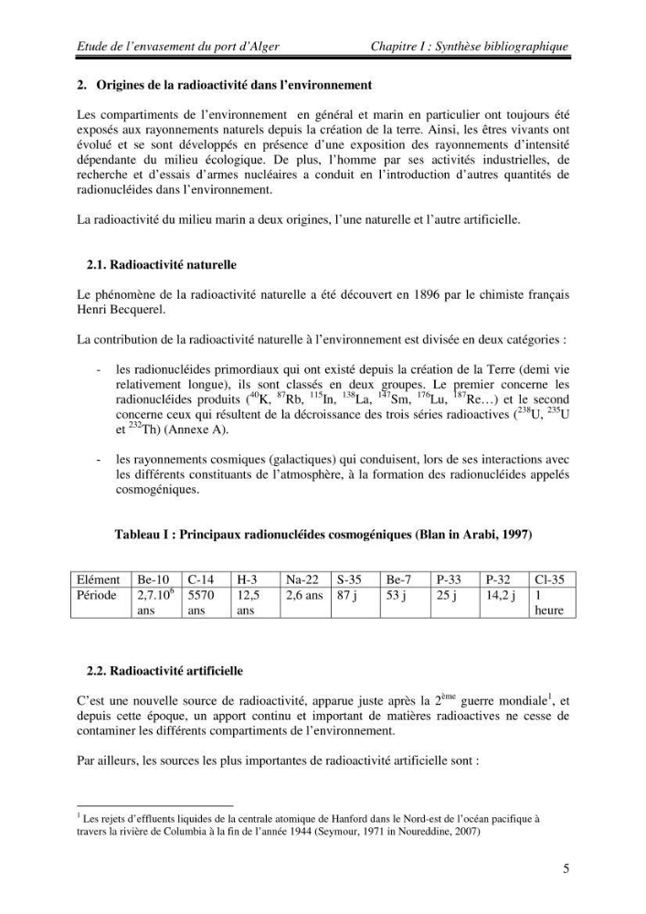 Etude de l\'envasement du port d\'Alger au moyen du Cs-137