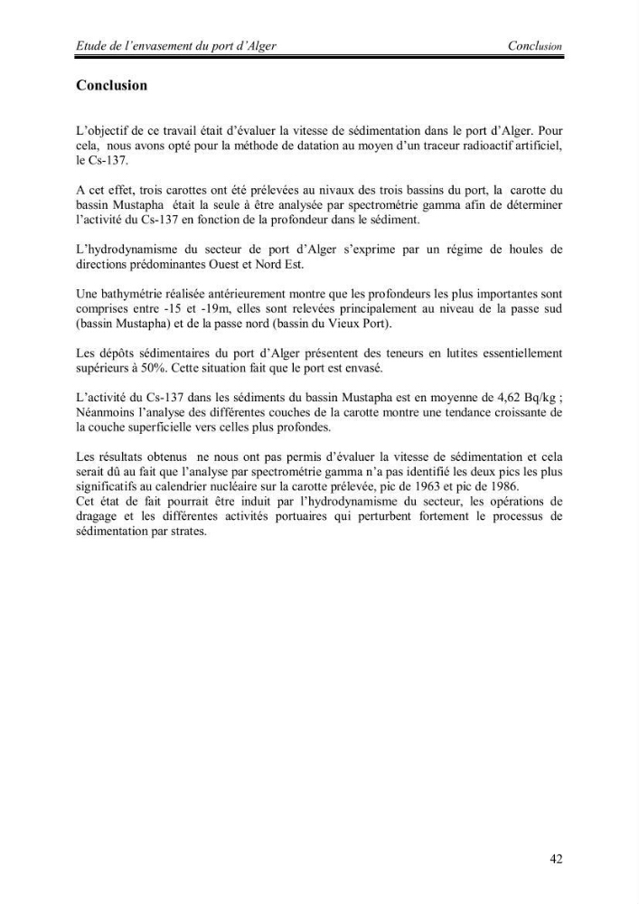Etude de l\'envasement du port d\'Alger au moyen du Cs-137