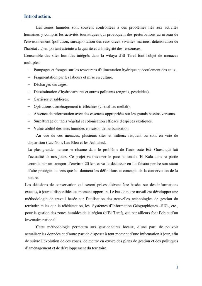 Mise en place d\'une base de données (SIG) sur les zones humides de la wilaya d\' EL Taref