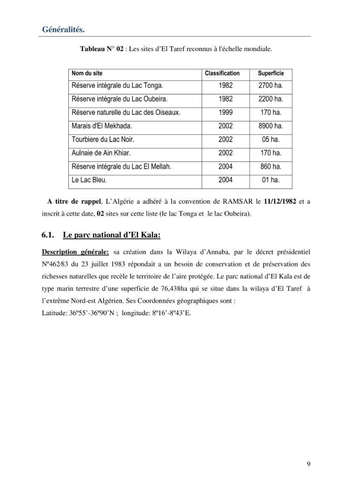 Mise en place d\'une base de données (SIG) sur les zones humides de la wilaya d\' EL Taref
