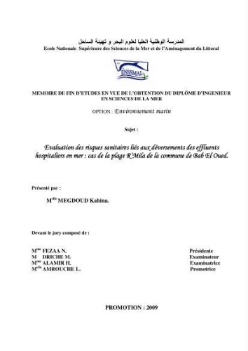 Evaluation des risques sanitaires liés aux déversements des effluents hospitaliers en mer Evaluation des risques sanitaires liés aux déversements des effluents hospitaliers en mer