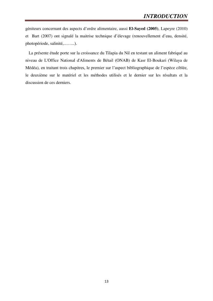 Etude comparative de deux types d\'aliment pour l\'élevage du Tilapia du Nil ( Oreochromis niloticus):