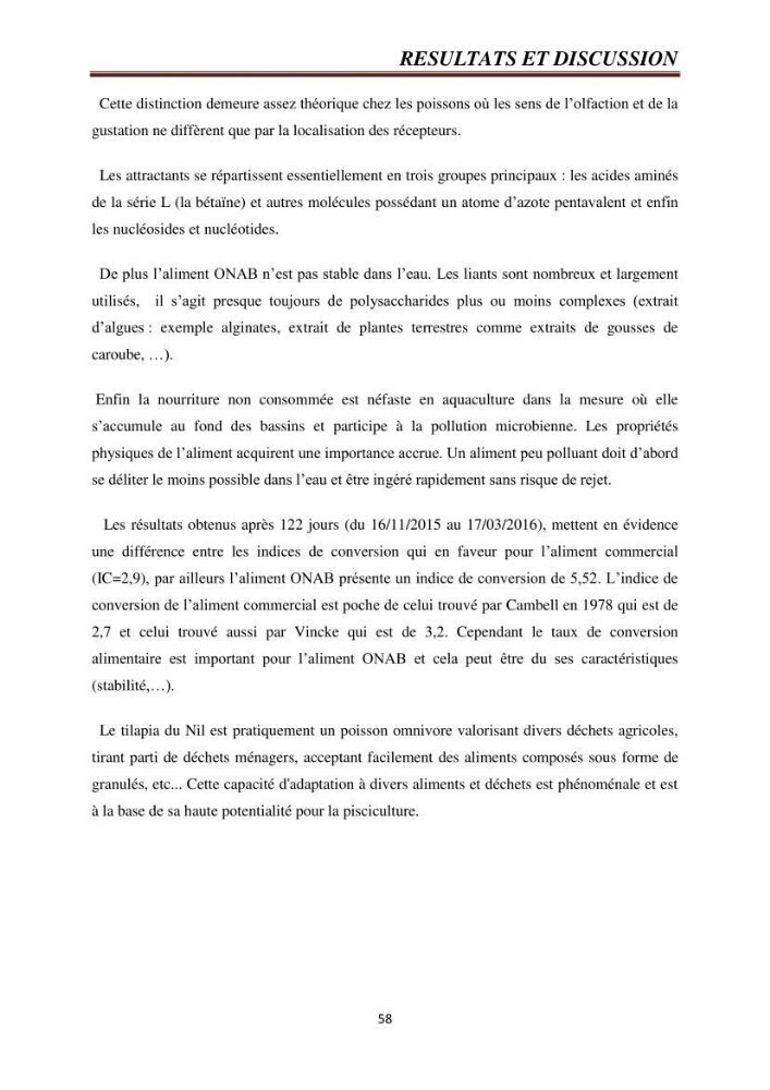 Etude comparative de deux types d\'aliment pour l\'élevage du Tilapia du Nil ( Oreochromis niloticus):