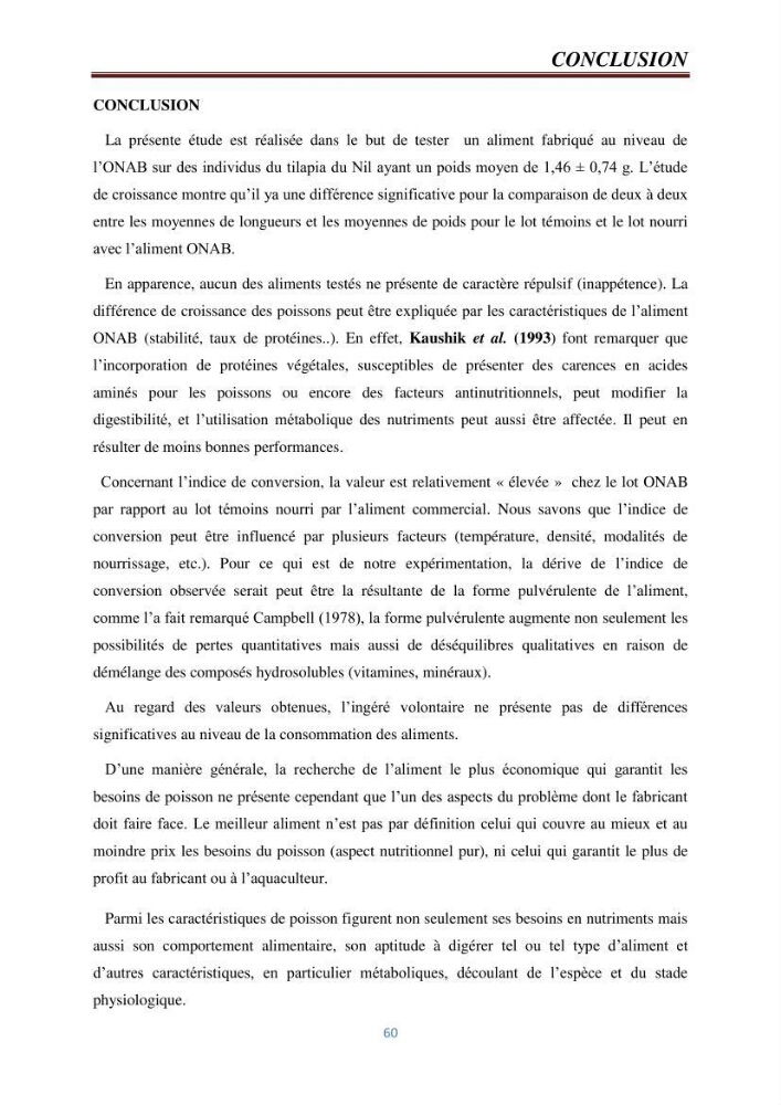Etude comparative de deux types d\'aliment pour l\'élevage du Tilapia du Nil ( Oreochromis niloticus):