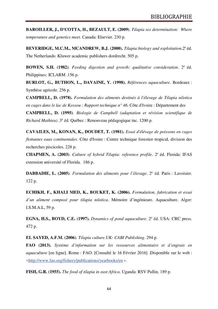 Etude comparative de deux types d\'aliment pour l\'élevage du Tilapia du Nil ( Oreochromis niloticus):