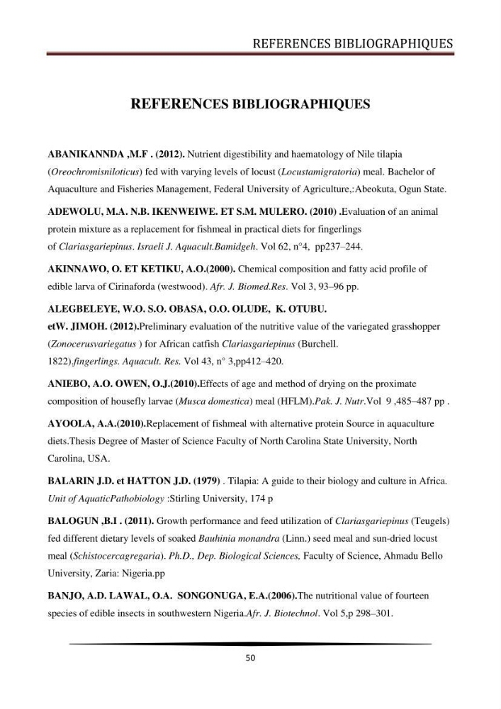 Valorisation de la culture des vers de farine dans l\'alimentation du Tilapia du Nil Oreochromis niloticus (Linnaeus, 1758°