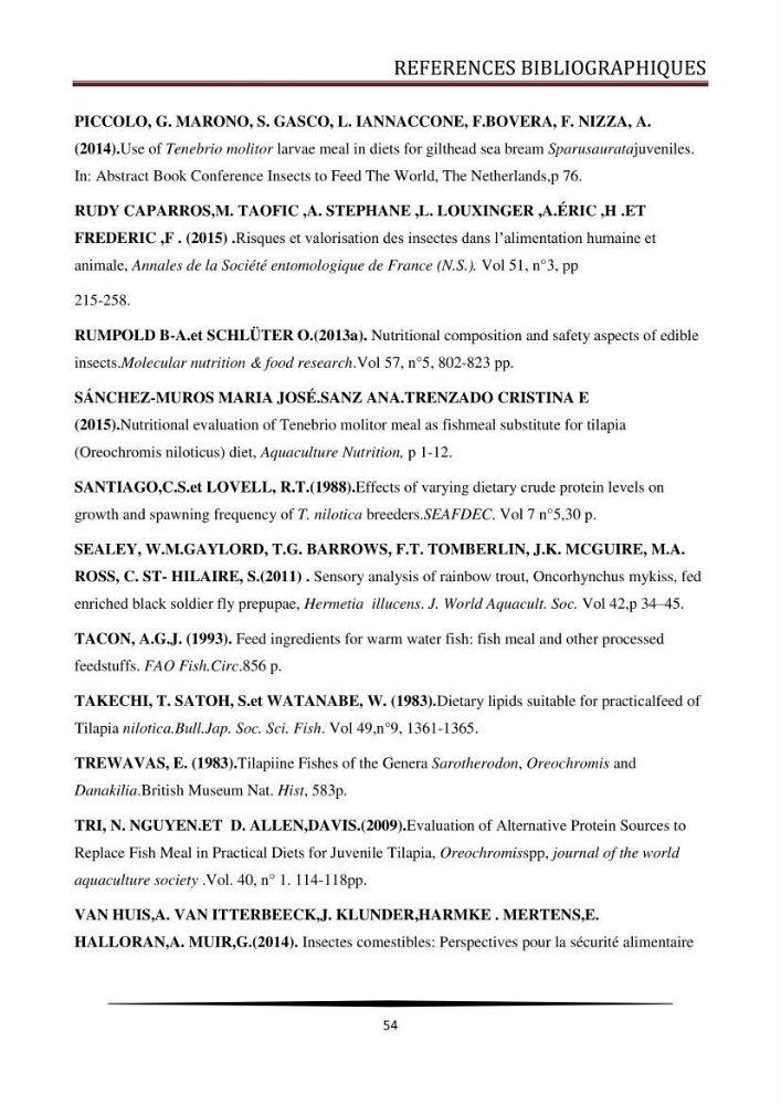 Valorisation de la culture des vers de farine dans l\'alimentation du Tilapia du Nil Oreochromis niloticus (Linnaeus, 1758°
