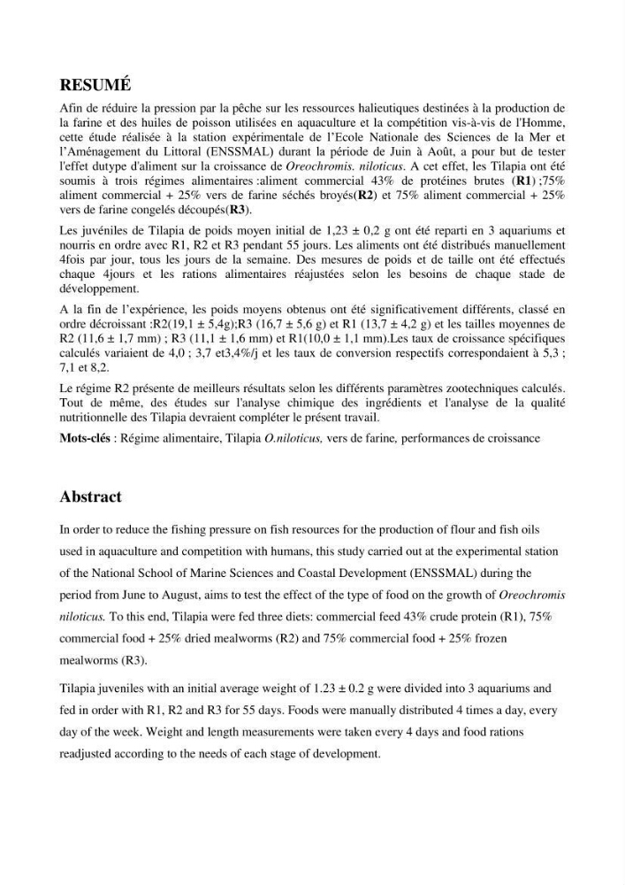 Valorisation de la culture des vers de farine dans l\'alimentation du Tilapia du Nil Oreochromis niloticus (Linnaeus, 1758°