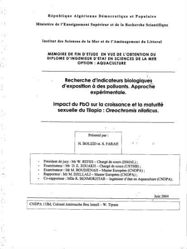 Recherche d'indicateurs biologiques d'exposition à des polluants Recherche d'indicateurs biologiques d'exposition à des polluants