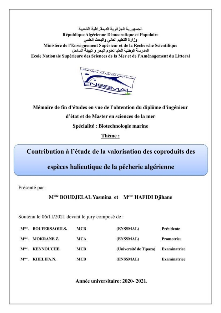 Contribution à l\'étude de la valorisation des coproduits des éspèces halieutique de la pêcherie algérienne: