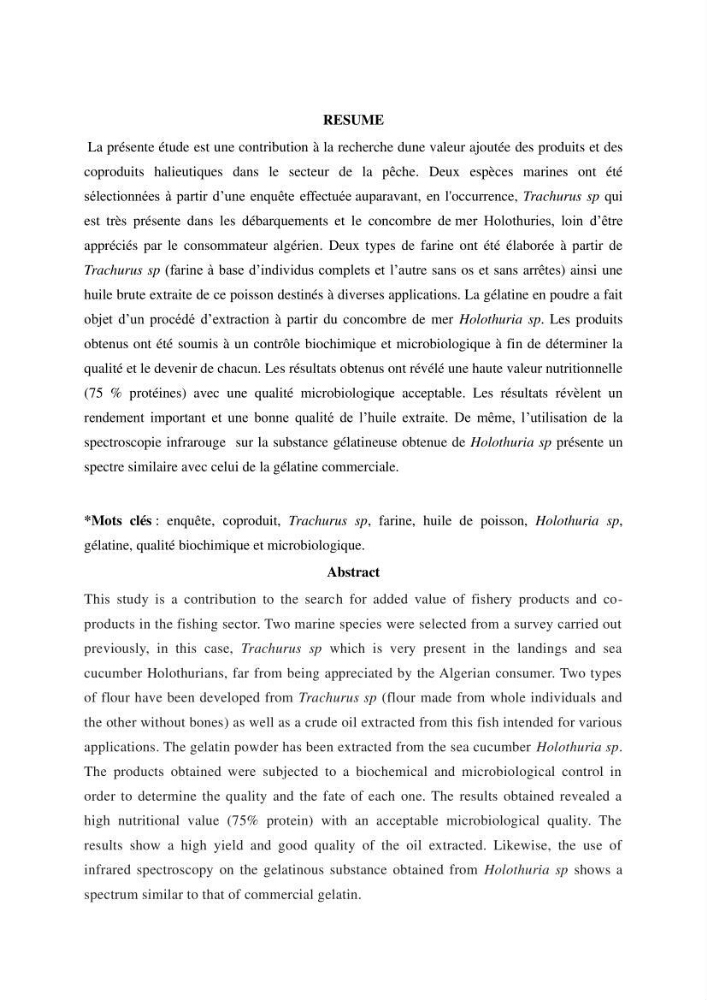 Contribution à l\'étude de la valorisation des coproduits des éspèces halieutique de la pêcherie algérienne: