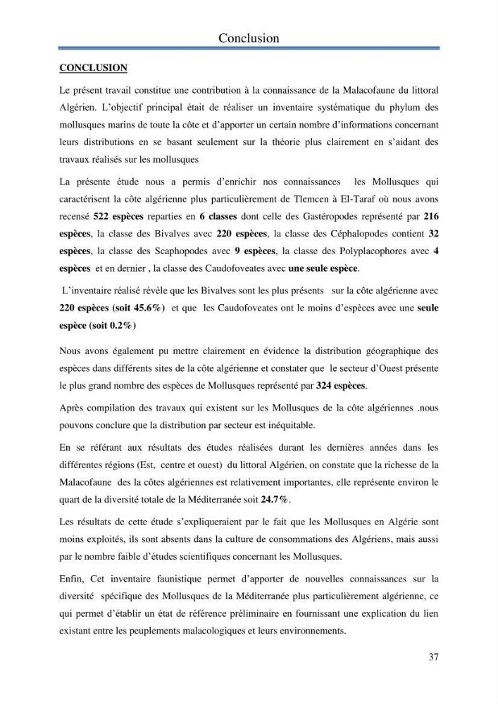 Inventaire des mollusques de la côte Algérienne