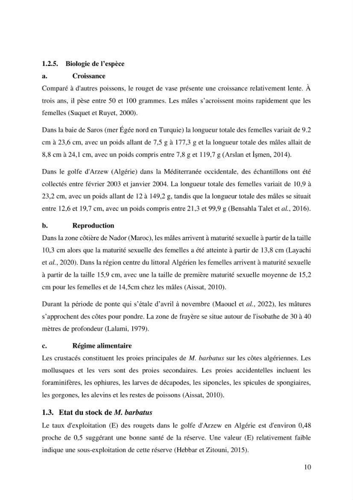 Effet du choix des paramètres de croissance et de la mortalité naturelle par l\'évaluation du stck du rouget barbet Mullus barbatus Linnaeus, 1758 ( Actinopteri, Mollidae) dans la côte algérienne