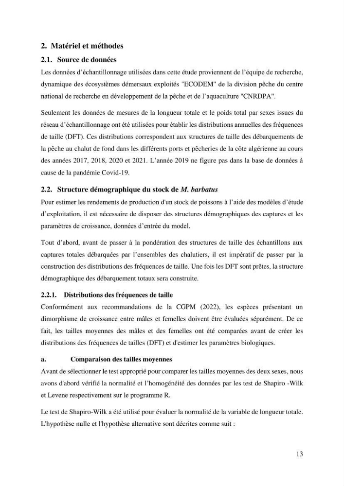 Effet du choix des paramètres de croissance et de la mortalité naturelle par l\'évaluation du stck du rouget barbet Mullus barbatus Linnaeus, 1758 ( Actinopteri, Mollidae) dans la côte algérienne