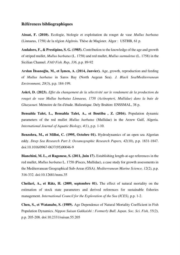 Effet du choix des paramètres de croissance et de la mortalité naturelle par l\'évaluation du stck du rouget barbet Mullus barbatus Linnaeus, 1758 ( Actinopteri, Mollidae) dans la côte algérienne