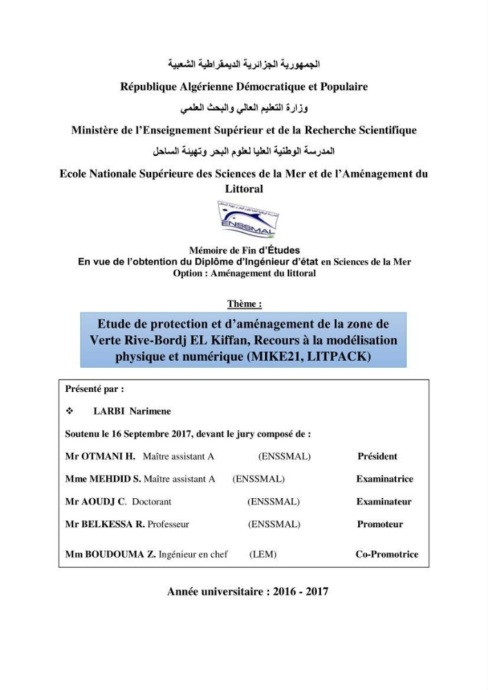 Etude de protection et d\'aménagement de la zone de Verte Rive-Bordj El Kiffan