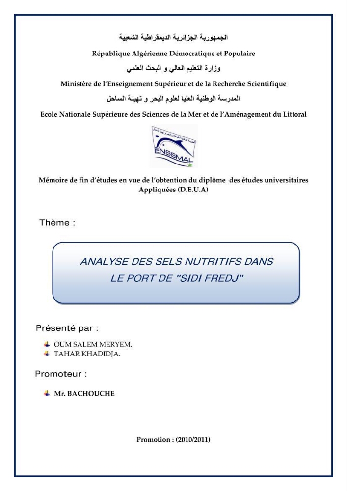 Analyse des sels nuritifs dans le port de Sidi-Fredj