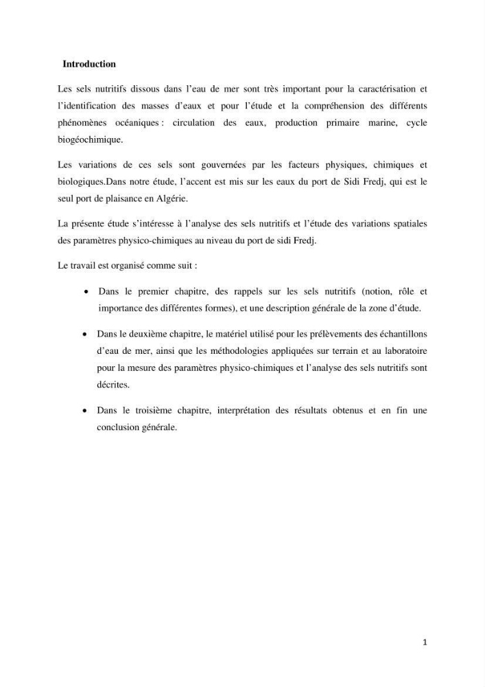 Analyse des sels nuritifs dans le port de Sidi-Fredj