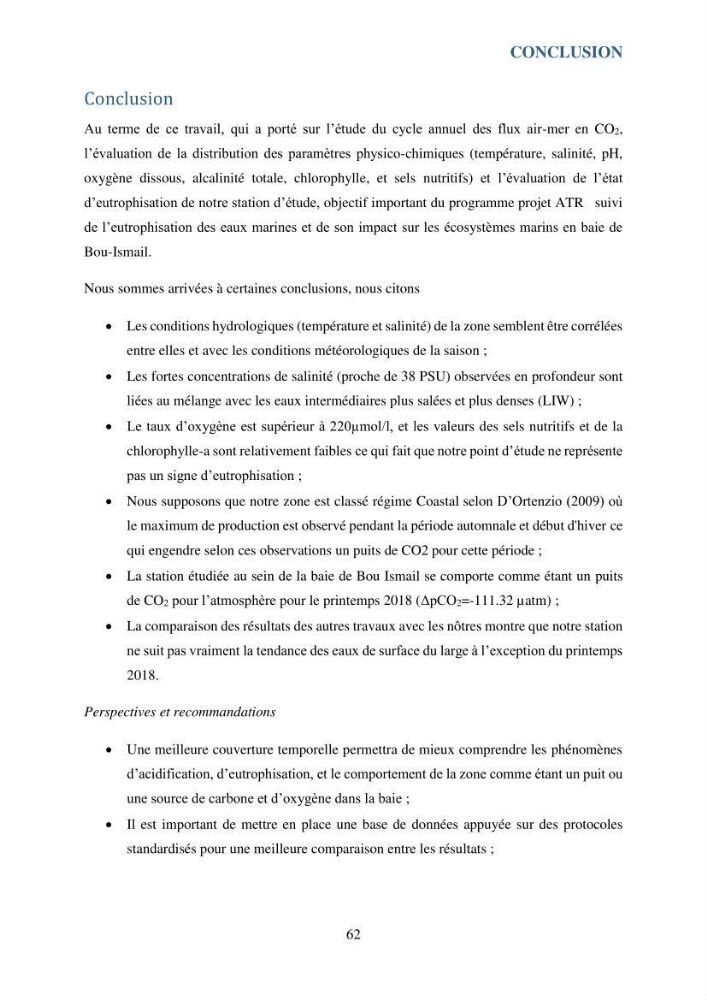 Contribution à l’étude du cycle annuel des flux air-mer en CO2 et à l’évaluation de l’état d’eutrophisation de la baie de Bou Ismail
