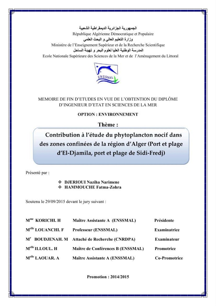 Contribution à l\'étude du phytoplancton nocif dans des zones confinées de la région d\'Alger( port et plage d\'Eldjamila,port et plage de Sidi fredj