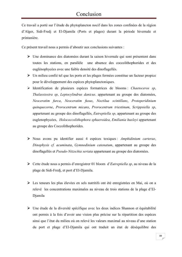 Contribution à l\'étude du phytoplancton nocif dans des zones confinées de la région d\'Alger( port et plage d\'Eldjamila,port et plage de Sidi fredj