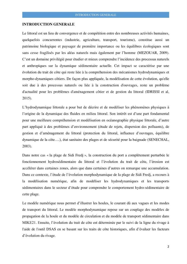 Evolution morphodynamique de la plage de Sidi-Fredj: modelisation hydrodynamique et cinématique du trait de côte
