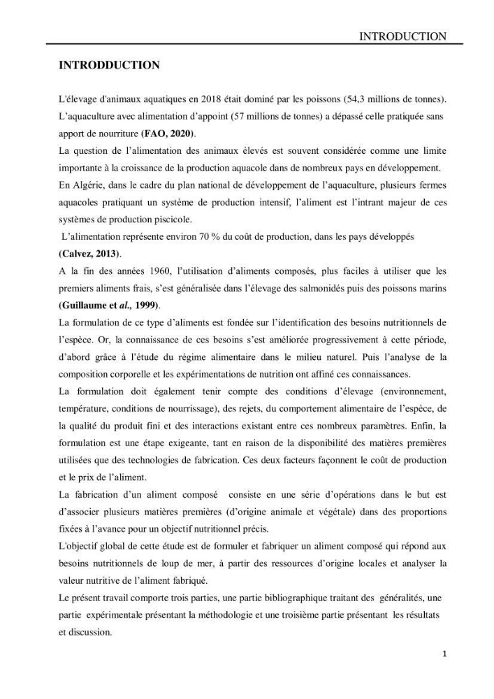 Contribution à l’élaboration d’un aliment composé destiné à l’élevage du loup de mer Dicentrachus labrax (Linnaeus, 1758) :