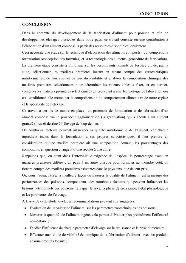 Contribution à l’élaboration d’un aliment composé destiné à l’élevage du loup de mer Dicentrachus labrax (Linnaeus, 1758) :